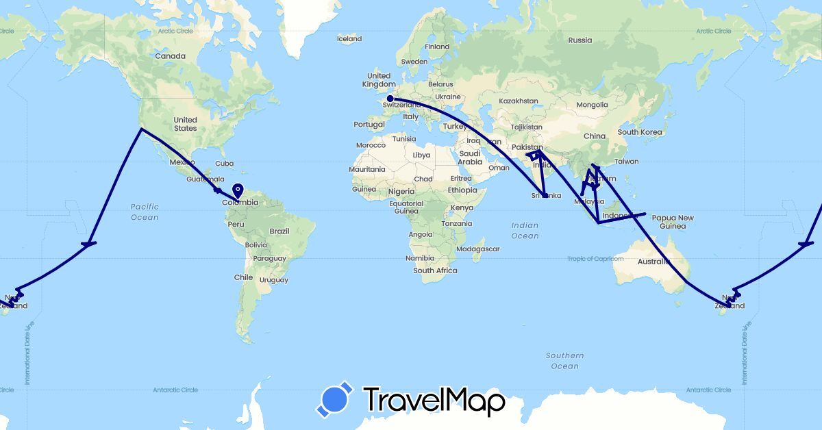 TravelMap itinerary: driving in Australia, Colombia, Costa Rica, France, Indonesia, India, Cambodia, Laos, Sri Lanka, New Zealand, Thailand, United States, Vietnam (Asia, Europe, North America, Oceania, South America)
